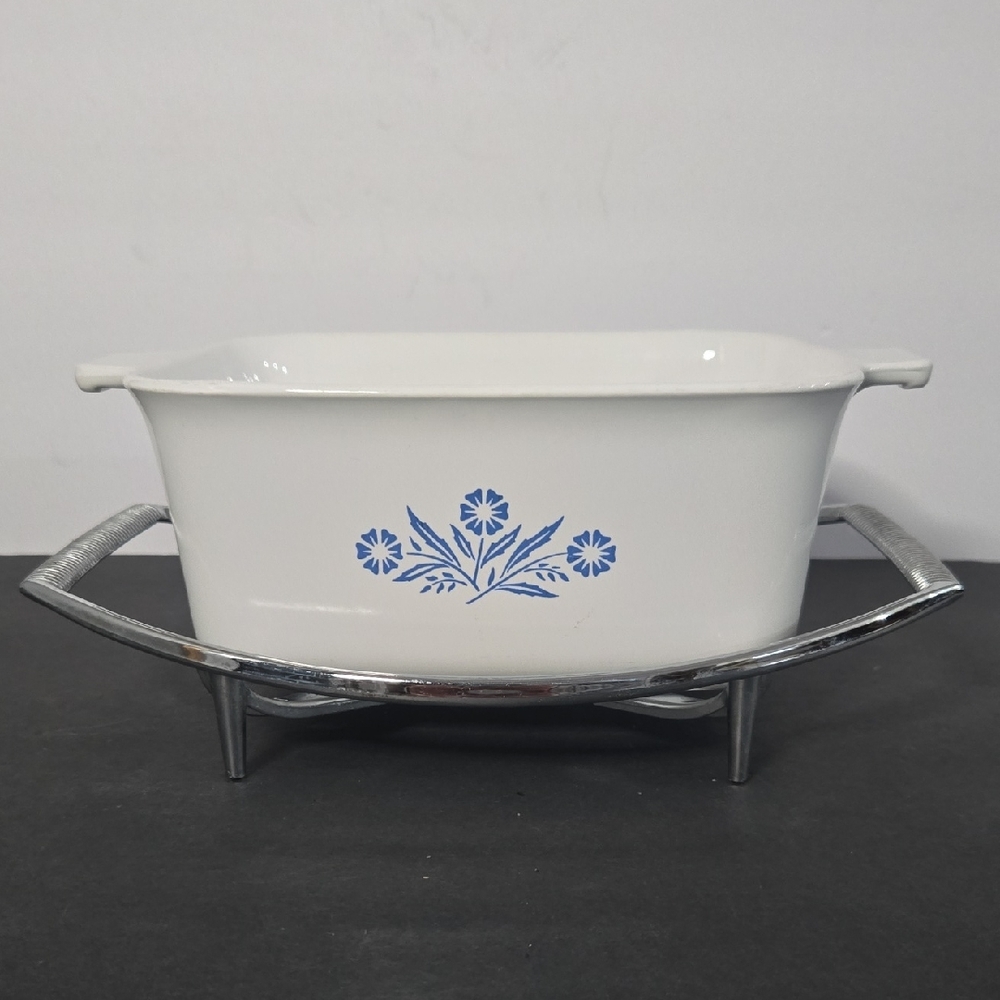 Corning Blue "Cornflower" Rectangular Baking Serving Dish with Metal Holder